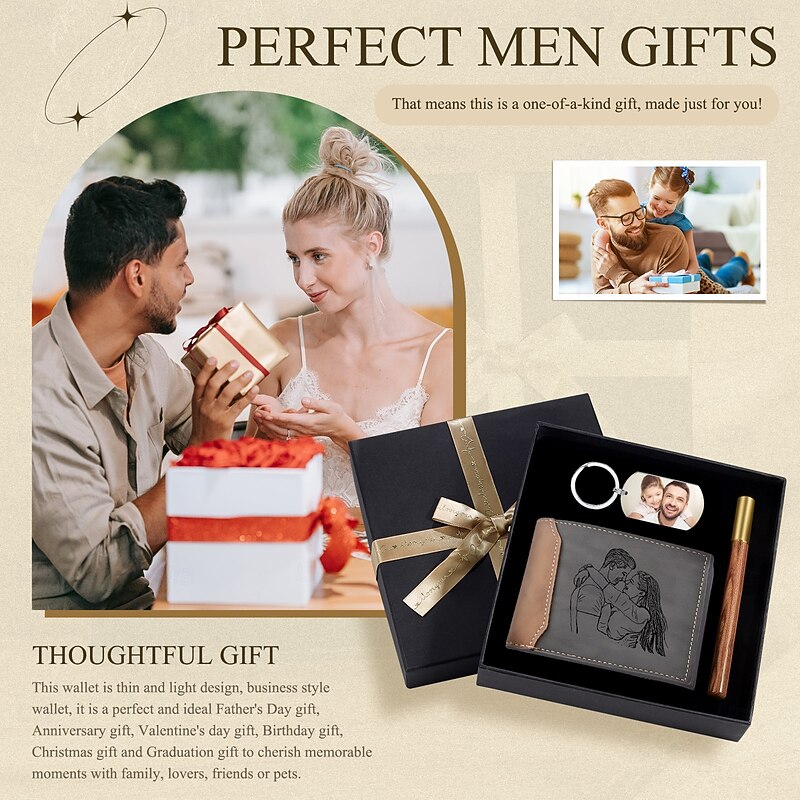 Personalized Photo Wallet and Keychain Christmas Gift Set Custom Engraved Leather Wallet Gift for Dad, Bifold Wallet for Men, Husband, Son, Father's Day, Birthday4