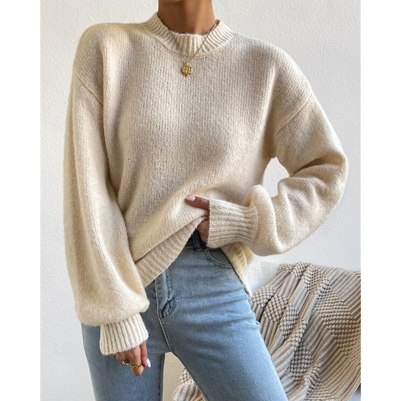 Women's Sweater Pullover Fashion Casual Pure Color Ribbed Mock Neck Knitted Long Sleeve Regular Tops Knit Outdoor Daily Weekend Apricot Fall Winter3