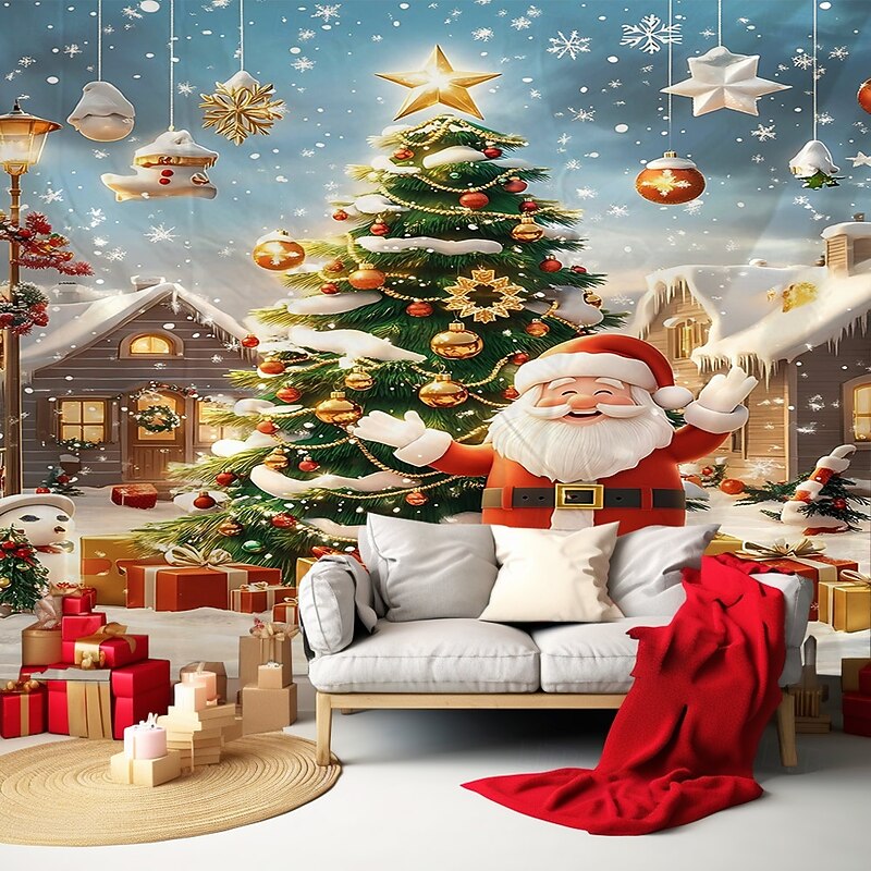 Chrismas Hanging Tapestry Neon Lights Christmas Tree Christmas House Santa Claus Fireworks Large Wall Art Mural Decor Blanket Curtain Holiday Home Bedroom Living Room Festive Party Decoration3