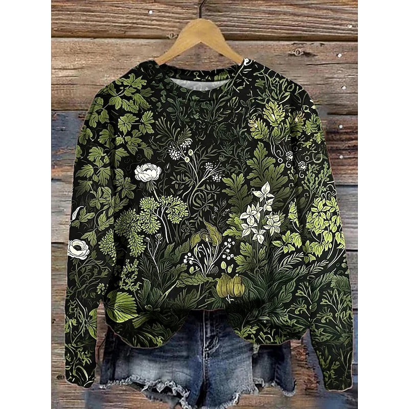 Women's Sweatshirts Floral Graphic Vintage Casual Long Sleeve Crew Neck Round Neck Regular Tops Street Dailywear Casual Print Dark Green Spring Fall Winter