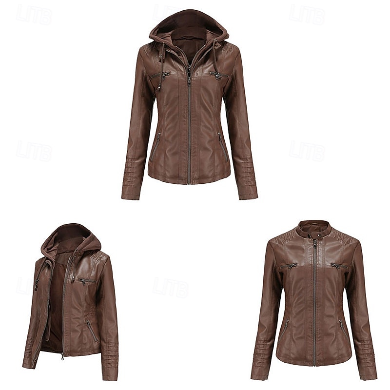 Women's Faux Leather Jacket Warm Comfortable Zipper Pocket 2 in 1 Casual Solid Color Vacation Street Casual Daily Wear Regular Hooded Regular Fit Long Sleeve Outerwear Black Red Camel Spring Fall4