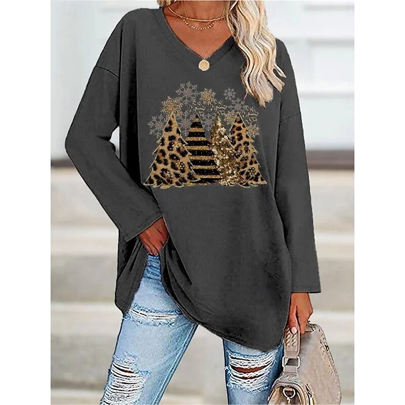 Christmas Women's Blouse Snowman Snowflake Stylish Beach Long Sleeve V Neck Regular Tops Daily Print White Navy Blue Purple Green Gray Spring Fall Winter3