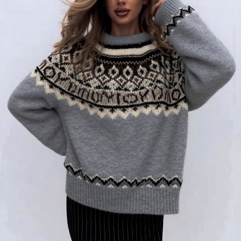 Women's Sweater Pullover Fashion Casual Geometric Ribbed Crew Neck Knitted Print Long Sleeve Regular Tops Knit Christmas Outdoor Daily Gray Fall Winter