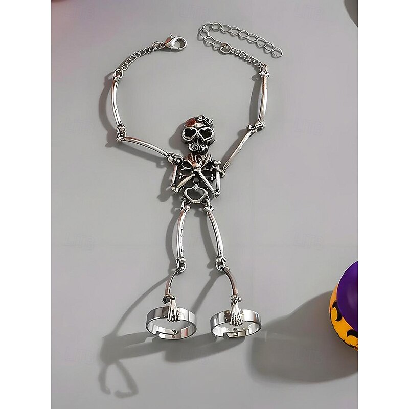Women's Halloween Skeleton Hand Chain Bracelet with Rings – Gothic Punk Skull Jewelry for Costume Parties, Cosplay and Night Events3