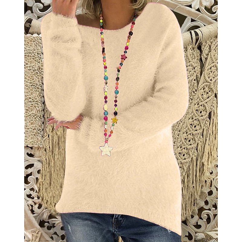 Women's Sweater Pullover Streetwear Casual Pure Color Ribbed Crew Neck Knitted Long Sleeve Regular Tops Knit Outdoor Daily Weekend Blue Beige Fall Winter