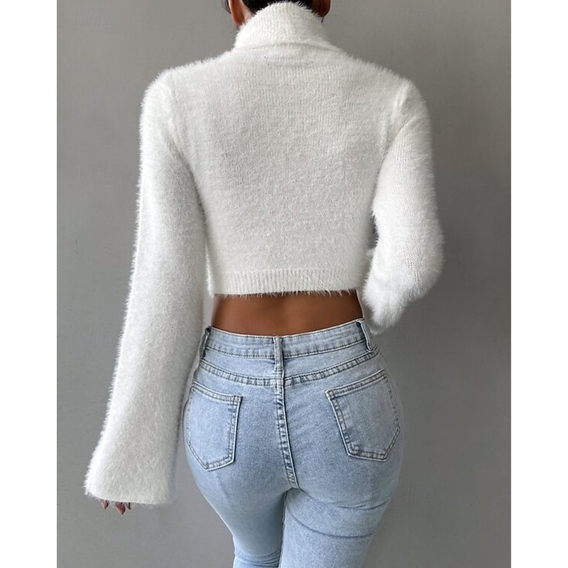 Women's Sweater Pullover Fashion Casual Solid Color Ribbed Turtleneck Knitted Long Sleeve Crop Tops Knit Outdoor Daily Weekend Black White Fall Winter3