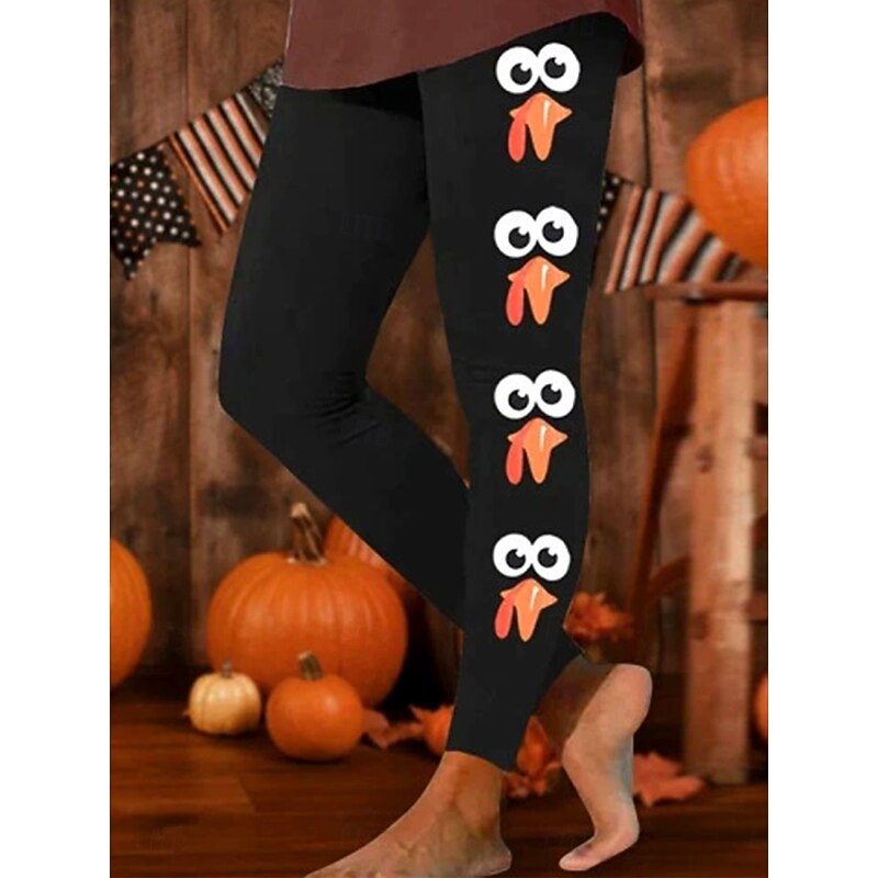 Women's Leggings Vacation Vintage Fashion Full Length High WaistPantsThanksgiving Day Graphic Printing Thermal Warm Soft Breathable Stretchy Formal Outdoor Vacation Black Orange Fall Winter Slim Fit
