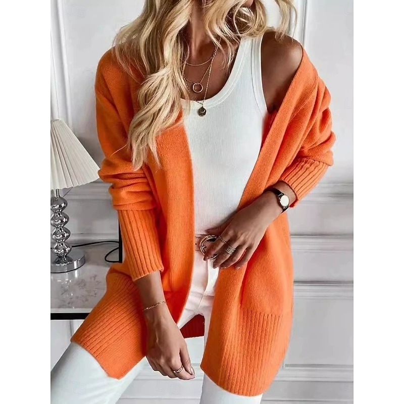 Women's Sweater Cardigan Elegant Fashion Streetwear Solid Color Open Front Knitted Long Sleeve Long Tops Knit Outdoor Daily Weekend Blue Orange Fall Winter2