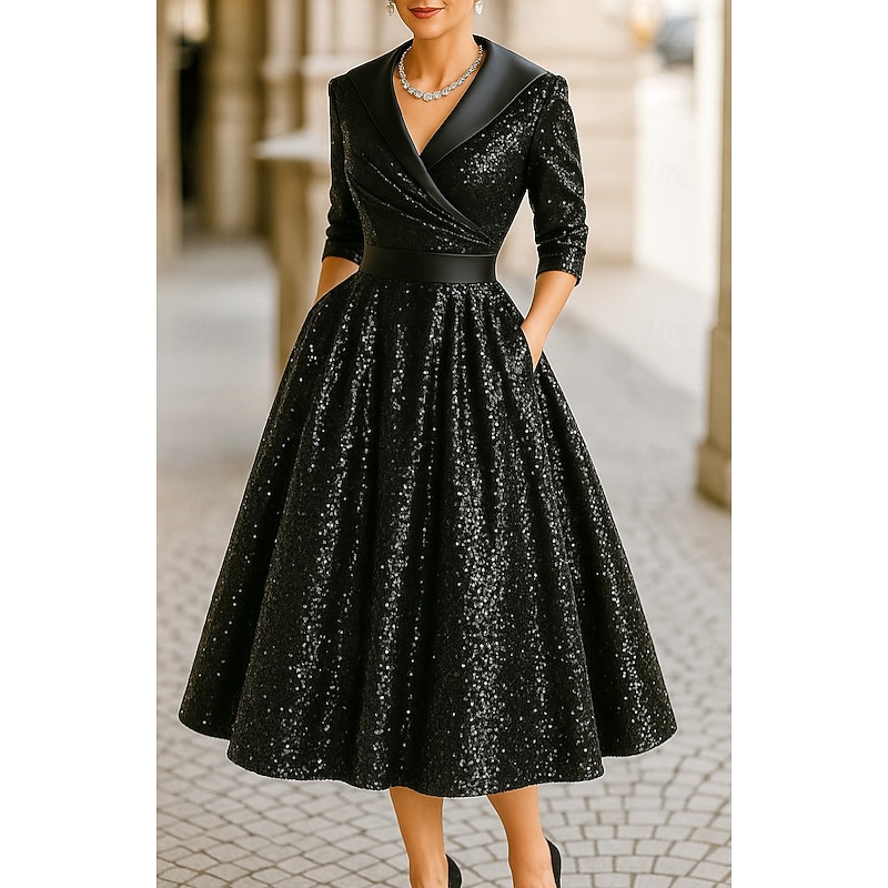 Black Sequin Tuxedo Dress A-Line High-low Dress Formal Satin Sequin Elegant Long Sleeve Tea Length Midi Length Shawl Lapel Zipper