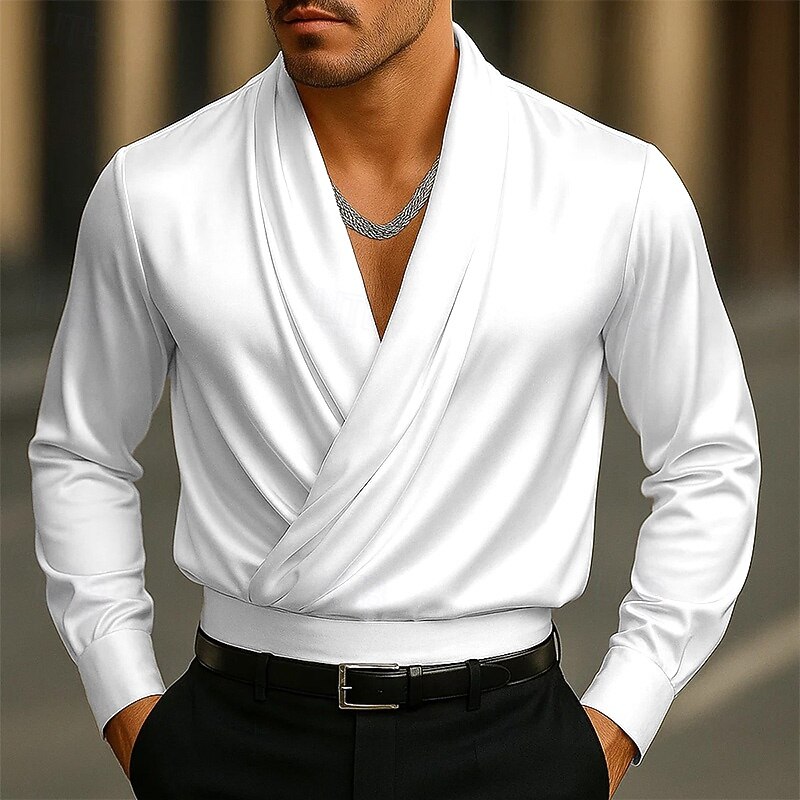 Men's Shirt Silk Like Satin Shirt Dress Shirt Casual Shirt Prom Shirt Plain Formal Wedding Black White Long Sleeve Shawl Collar All Seasons Clothing Apparel