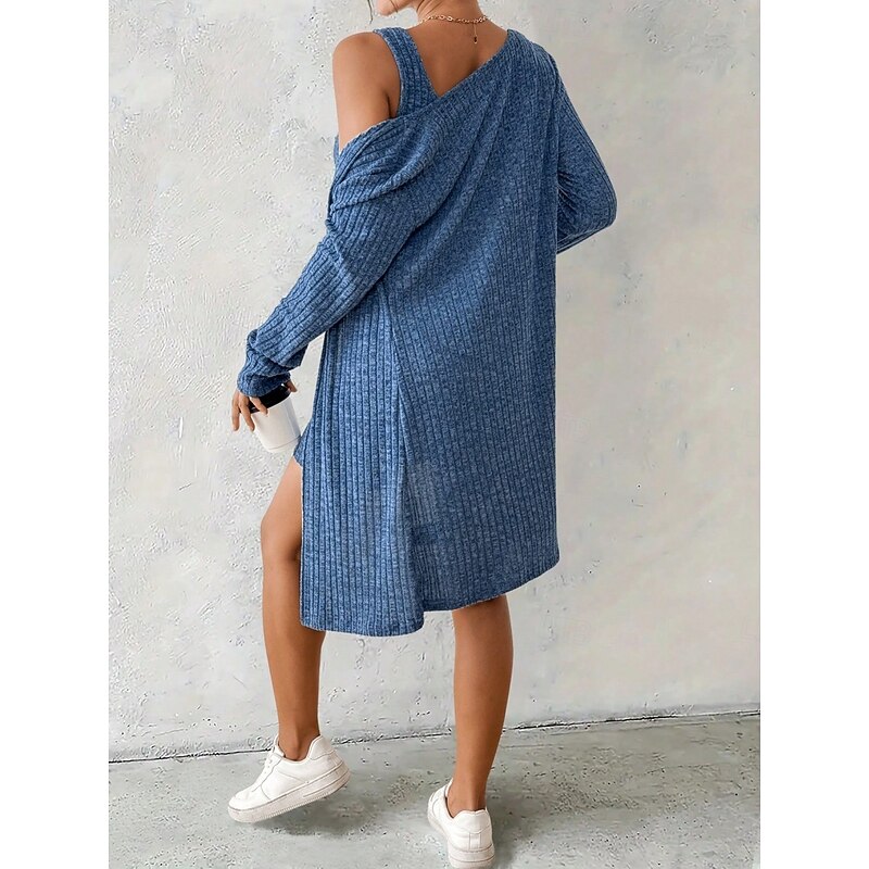 Women's Sweater Dress Sweater Co-ords Casual Soft Pure Color Ribbed U Neck Buttons Knitted Long Sleeve Long Tops Knit Outdoor Daily Weekend Black Blue Fall Winter3