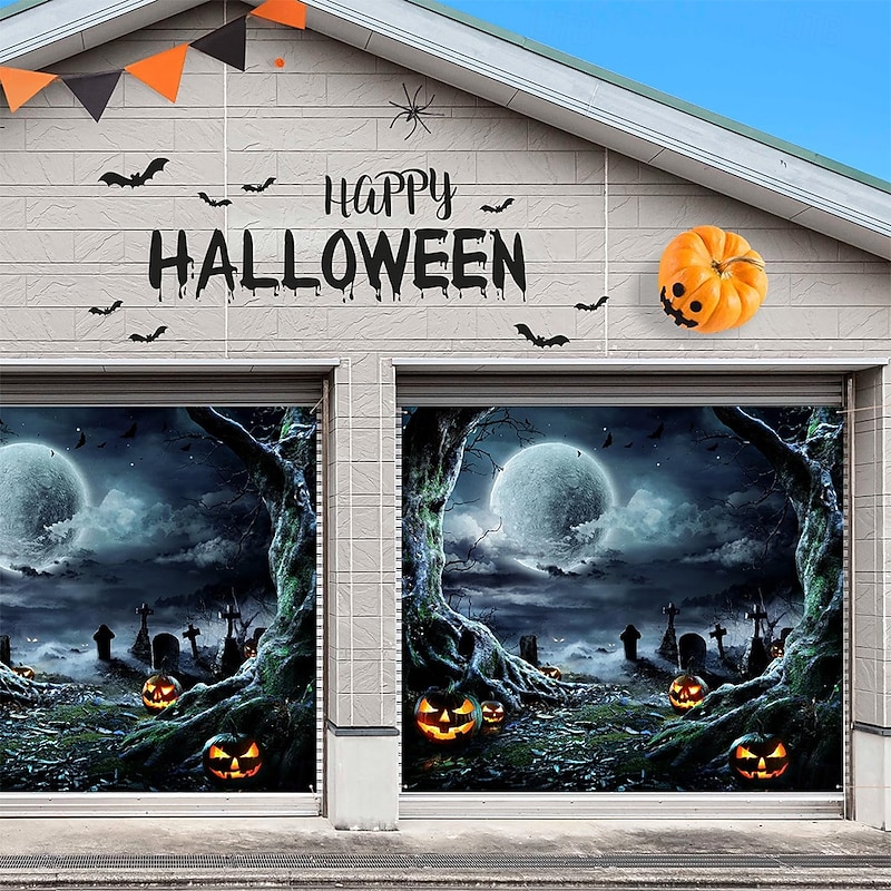 Halloween Garage Door Cover Large Hanging Backdrop Pumpkin Cemetery Dark Punk Gothic Style Party Outdoor Shooting Backgrounds Yard Haunted House Home Decor2