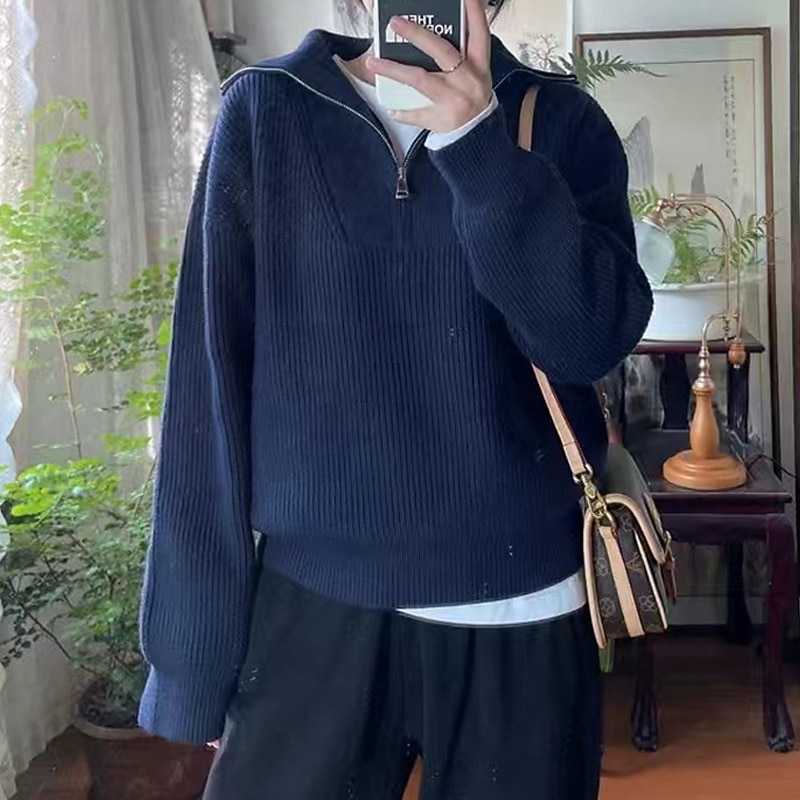 Women's Sweater Fashion Streetwear Casual Solid Color Ribbed Half Zip Knitted Long Sleeve Regular Tops Knit Outdoor Daily Weekend Navy Blue Fall Winter