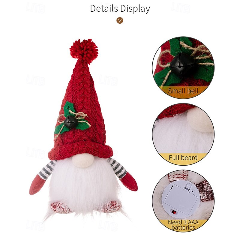 2 Pack Christmas Plush Gnomes Decoration Lighted Handmade Mini gnome Scandinavian, Light Up Swedish Tomte Elf Holiday Present, Battery Operated Xmas Gifts4