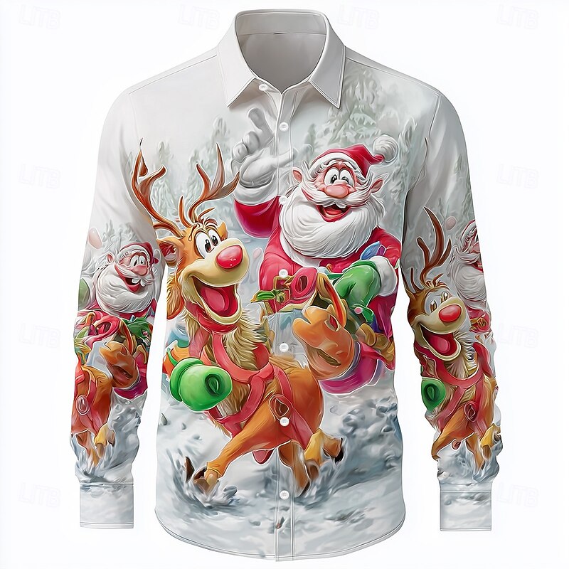 Christmas Men's Santa Claus Reindeer Christmas Animal Shirt Button Up Shirt Long Sleeve Funny Outdoor Holiday Spring Fall Turndown 3D Print Collared Shirts White 1 White White 22