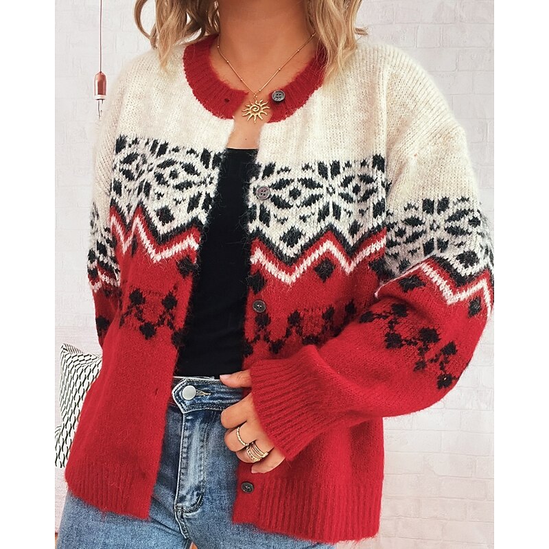 Women's Sweater Cardigan Streetwear Casual Floral Ribbed Crew Neck Buttons Knitted Print Long Sleeve Regular Tops Knit Christmas Outdoor Holiday Red Blue Fall Winter2