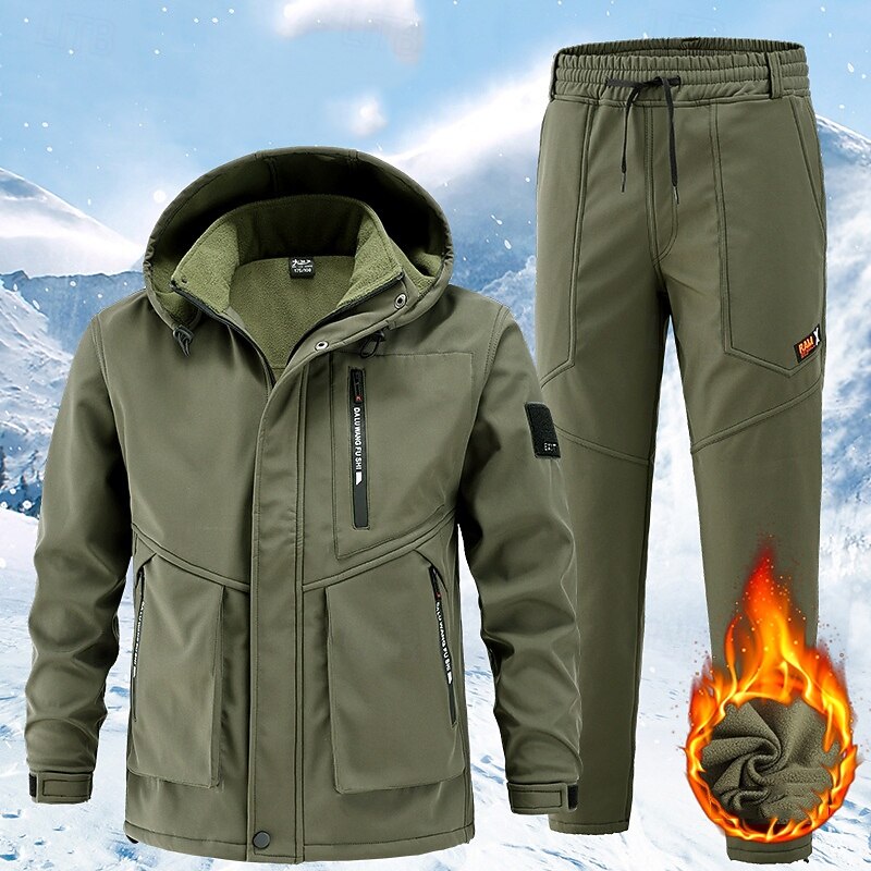 Men's Hiking Jacket Fleece Jacket Puffer Jacket Thermal Set Winter Outdoor Thermal Warm Waterproof Top Black Green Grey