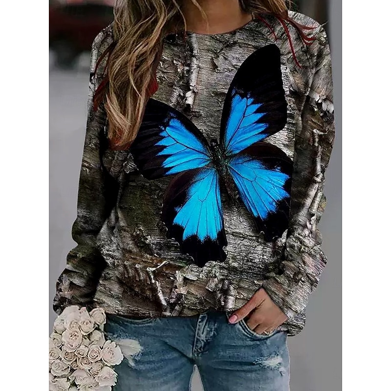 Women's Pullover Graphic Animal Butterfly Casual Long Sleeve Round Neck Regular Tops Casual Blue Light Grey Dark Gray Fall Winter