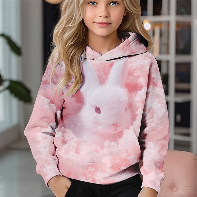 Girls' 3D Rabbit Hoodie Long Sleeve Fall Winter Fashion Adorable Basic Kids 4-12 Years Hooded Outdoor Casual Daily Regular Fit