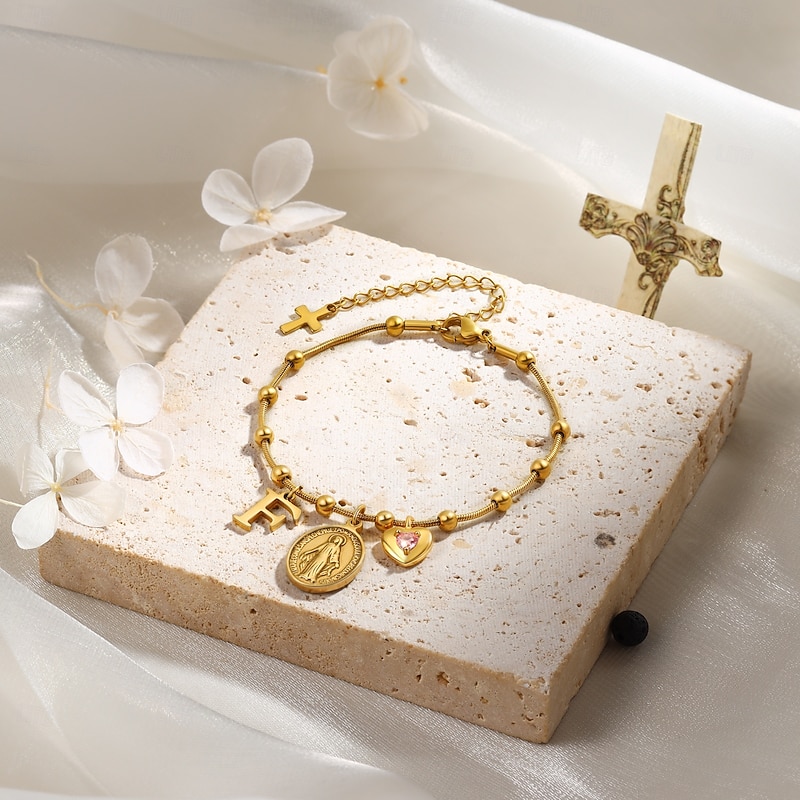 Personalized Birthstone Virgin Mary Pendant Bracelet – Custom Letter Charm Jewelry, Fashionable Thanksgiving & Christmas Gift for Family and Friends2
