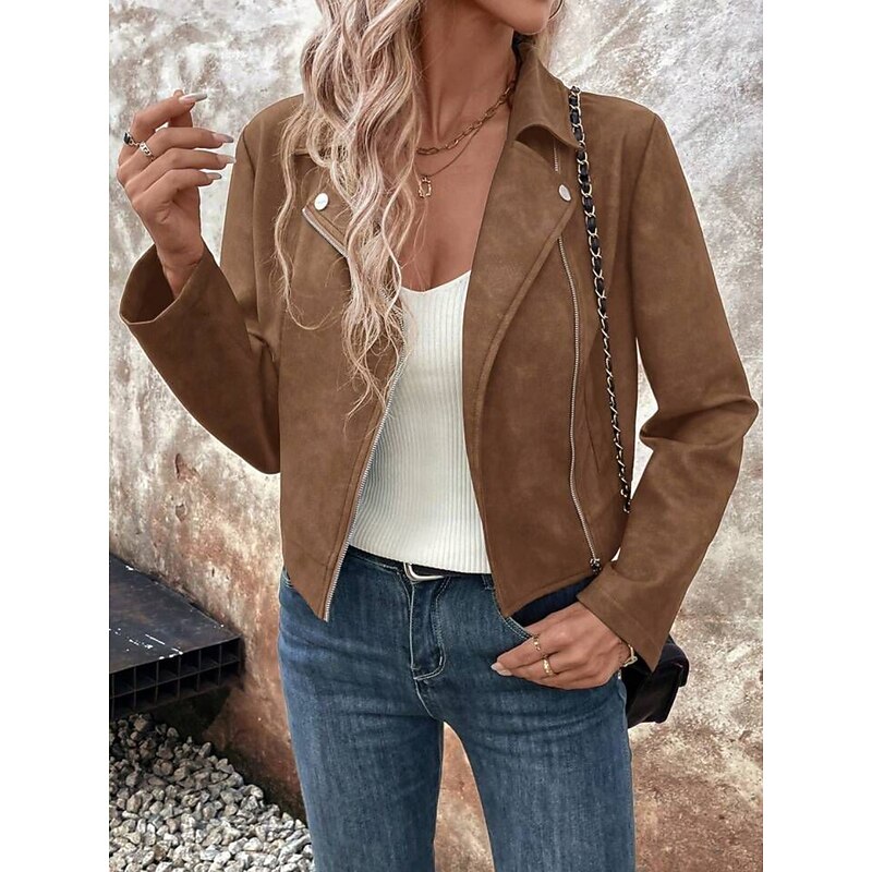Women's Casual Jacket Comfortable Breathable Zipper Casual Plain Vacation Street Casual Daily Wear Zipper Short Turndown Regular Fit Long Sleeve Outerwear Pink Fuchsia Brown Spring Fall