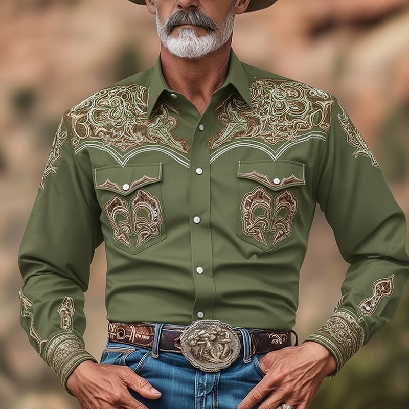 Men's Ethnic Intricate Floral Flowers Shirt Western Shirt Cowboy Shirt Long Sleeve Vintage Retro Outdoor Casual WorkWear Spring Fall Turndown Front Two Pockets Linen Like Shirt Button Up Shirts Black3