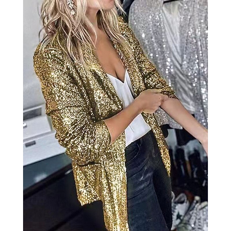 Women's Shirt Jacket Blazer Comfortable Breathable Sequin Fashion Daily Plain Outdoor Casual Daily Regular Lapel Regular Fit Long Sleeve Outerwear Black White Wine Spring Fall