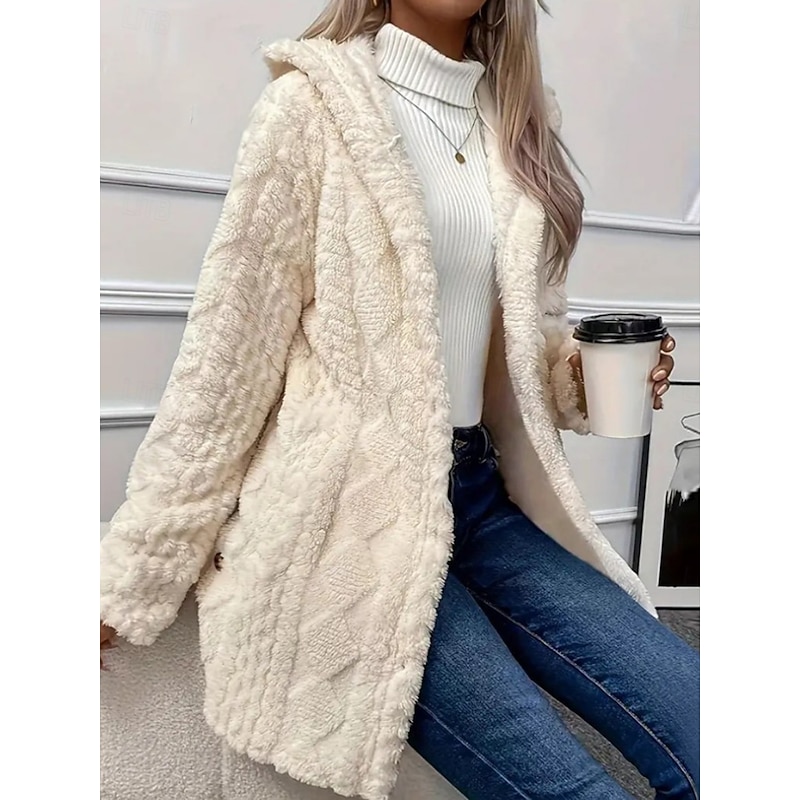 Women's Sherpa Jacket Casual Jacket Comfortable Breathable Pocket Buttons Casual Plain Vacation Street Casual Daily Wear Open Front Regular Hooded Regular Fit Long Sleeve Outerwear Black White Apricot4