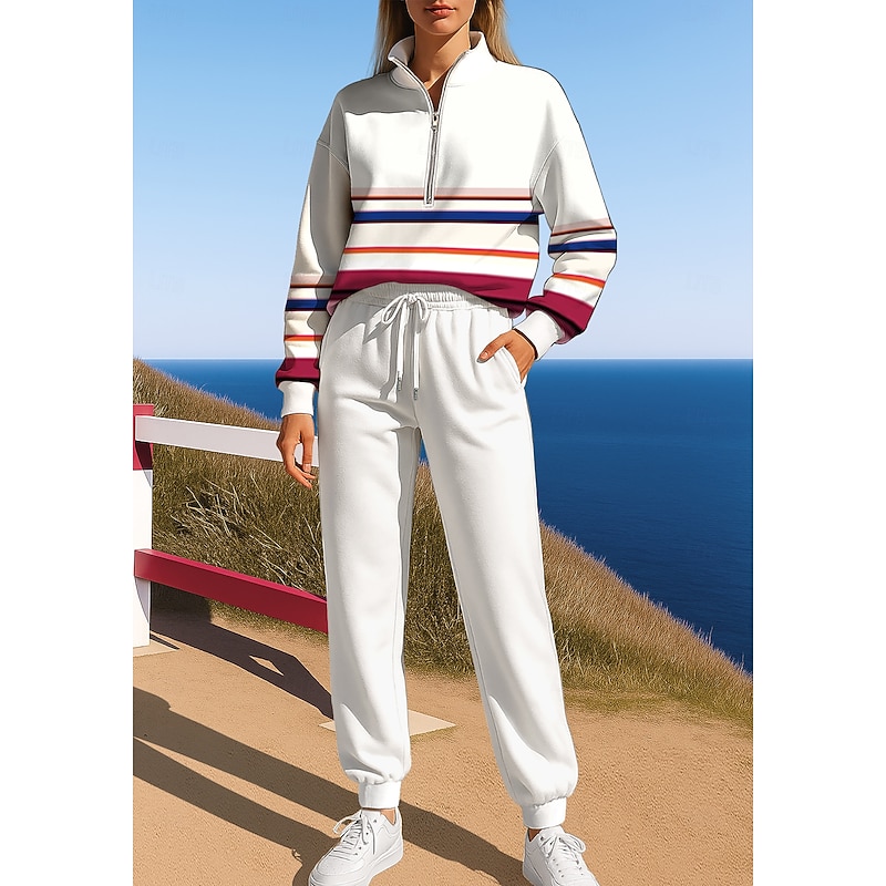 Women's Sweatshirt Tracksuit Sweatsuit Drawstring Zipper Geometric Jacket and Sweatpants Athletic Clothing Set Spring White Casual Workout Outdoor Soft Baggy Long Sleeve Sport Activewear Micro-elastic3