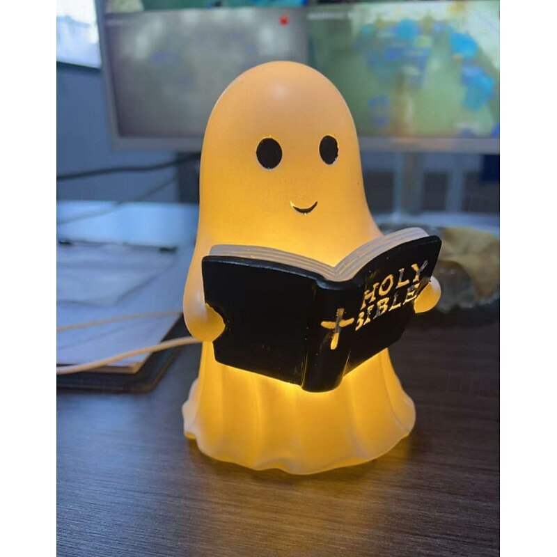Ghost Bible Lamp Cute 3D Resin Ghost Reading Figurine Night Light with Warm LED Glow Halloween Bedroom Decor Unique Table Lamp Gift for Party Bedroom Shelf Table Decoration4