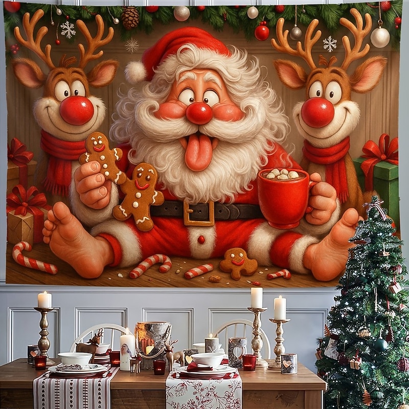 Christmas Wall Tapestry Backdrop, Jolly Santa Claus with Reindeer Wall Hanging, 2025 Xmas Festive Holiday Wall Decor for Bedroom, Living Room, Party and Outdoor - Main Image
