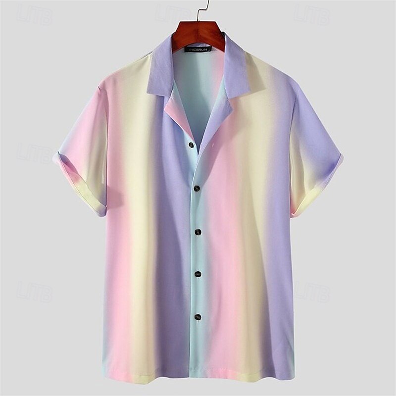 Men's Shirt Summer Shirt Button Up Shirt Camp Collar Shirt Cuban Collar Shirt Purple Rainbow Short Sleeve Graphic Prints Turndown Street Casual Button-Down Clothing Apparel Fashion Classic3