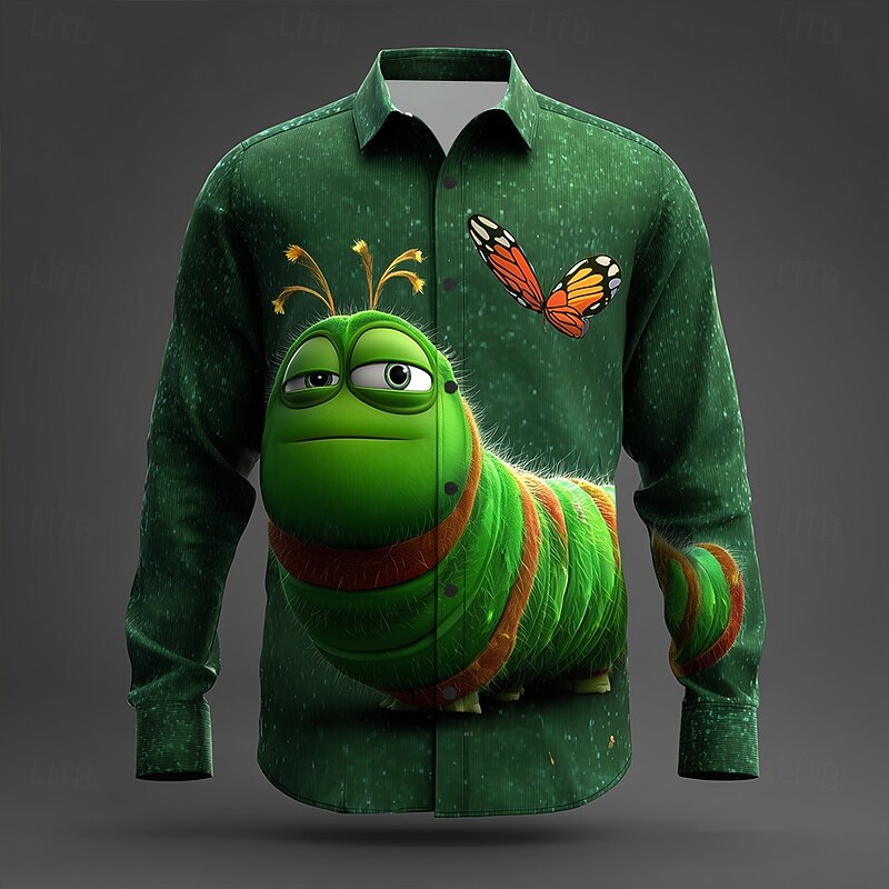 Men's Animal Insects Caterpillar Shirt Button Up Shirt Long Sleeve Funny Outdoor Holiday Spring Fall Turndown 3D Print Collared Shirts Green 1# Green 2# Green 3# Dark Green Green