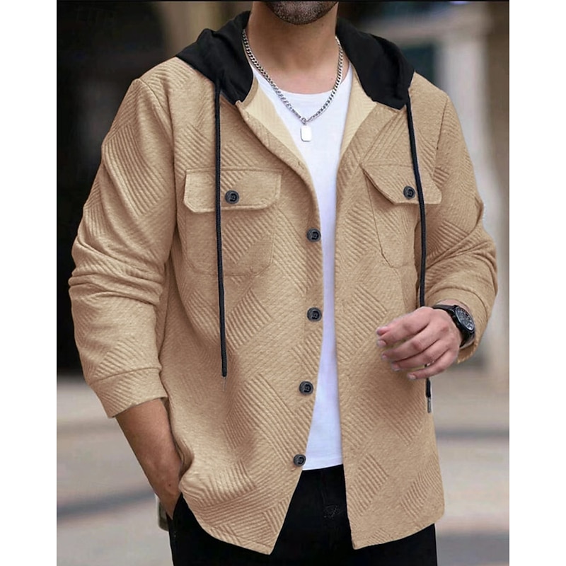 Men's Lightweight Jacket Casual Jacket Vacation Daily Breathable Pocket Spring Fall Plain Jacquard Fashion Classic Hooded Regular Black White Navy Blue Khaki Jacket