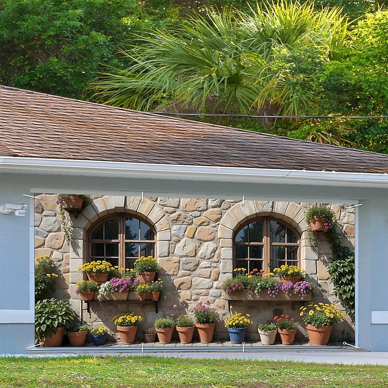 Garage Door Cover Large Hanging Backdrop Stone Wall Rustic Windows Rustic Cottagecore 3D Party Outdoor Shooting Backgrounds Front Door Home Decor2