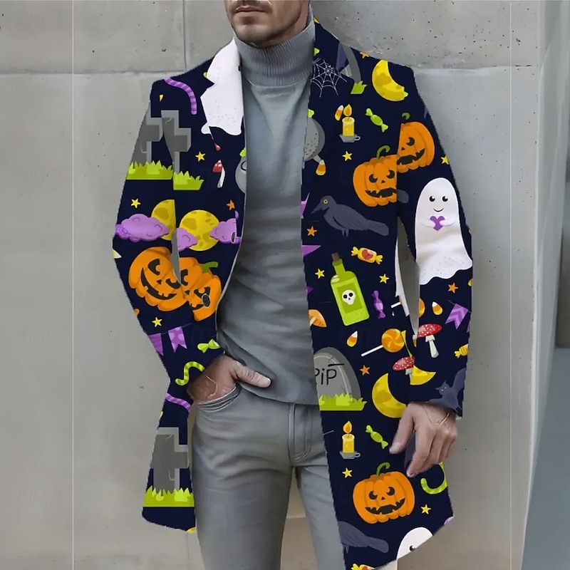 Men's Pumpkin Ghost Overcoat Coat Thermal Warm Comfortable Casual Daily Festival 3D Print Buttons Front Pocket Spring Fall Winter Notch Long Sleeve Black