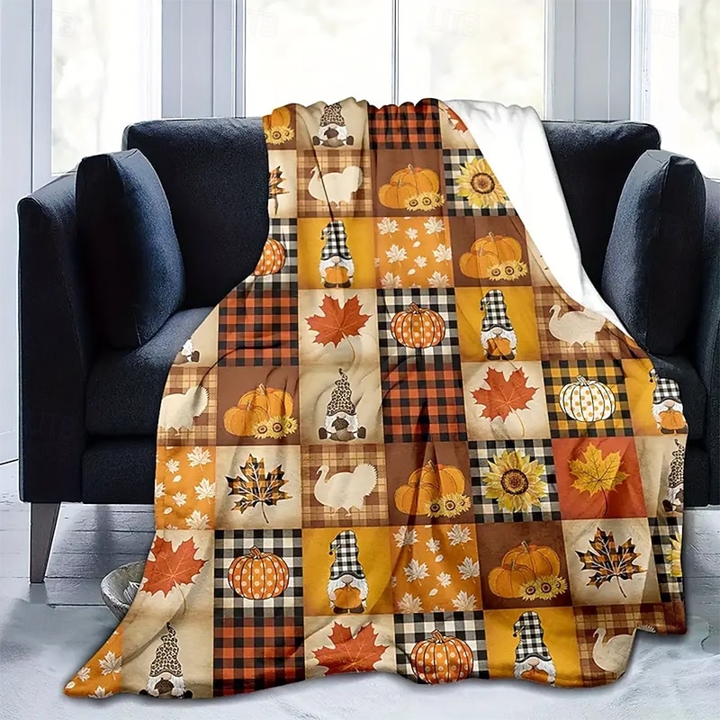 Halloween Fleece Throw Blanket for Couch Pumpkin Plaid Rustic Cottagecore Party Sofa Bed Decorative Warm Blanket Home Decor2