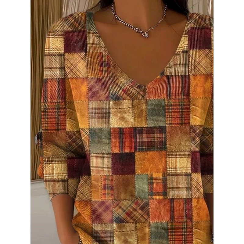 Women's Sweater Casual Soft Graphic Geometric Color Block Ribbed V Neck Patchwork Knitted Print Long Sleeve Regular Tops Knit Outdoor Daily Weekend Light Brown Fall Winter2