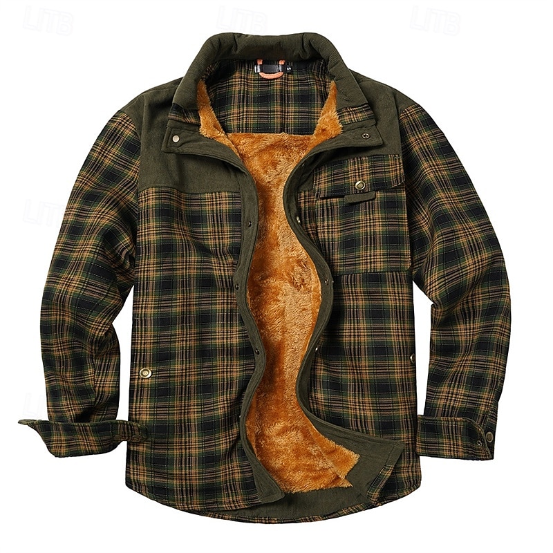 Men's Shirt Jacket Sherpa Jacket Shacket Vacation Daily Thermal Warm Pocket Fall Winter Plaid Fashion Classic Lapel Regular Black Red Dark Green Green Drak Red Jacket