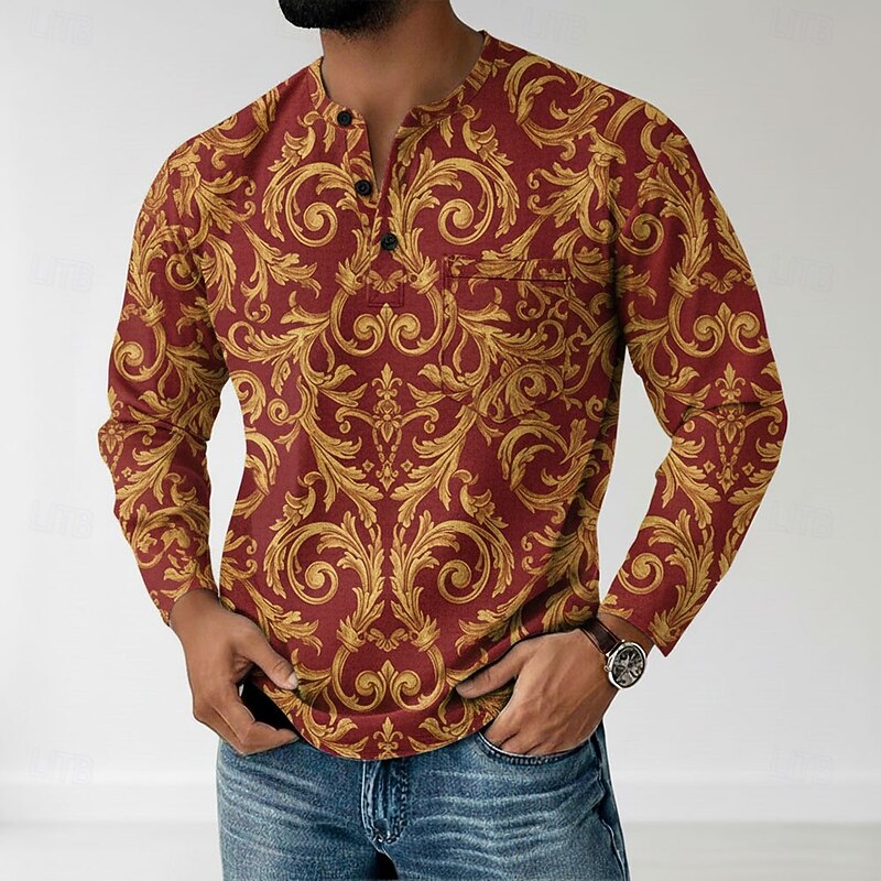 Men's Graphic Paisley Henley Shirt T shirt Tee Long Sleeve Retro Vintage Casual Casual Spring Fall All Seasons Black White Blue Orange Henley Henley T-Shirt3