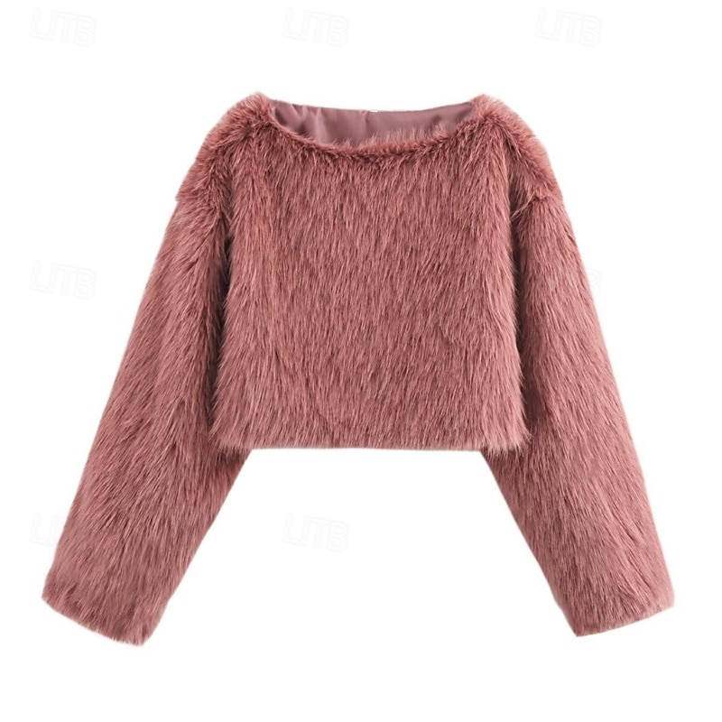 Women's Faux Fur Coat Warm Comfortable Furs & Leathers Casual Plain Vacation Street Daily Wear Going out Pullover Short Crewneck Regular Fit Long Sleeve Outerwear Black Pink Wine Fall Winter4