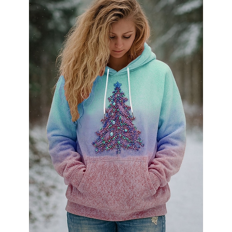 Women's Pullover Hoodie Sweatshirt Graphic Christmas Tree Casual Long Sleeve Hooded Regular Tops Party Evening Wear Street Dailywear Pink Blue Purple Green Spring Fall Winter2