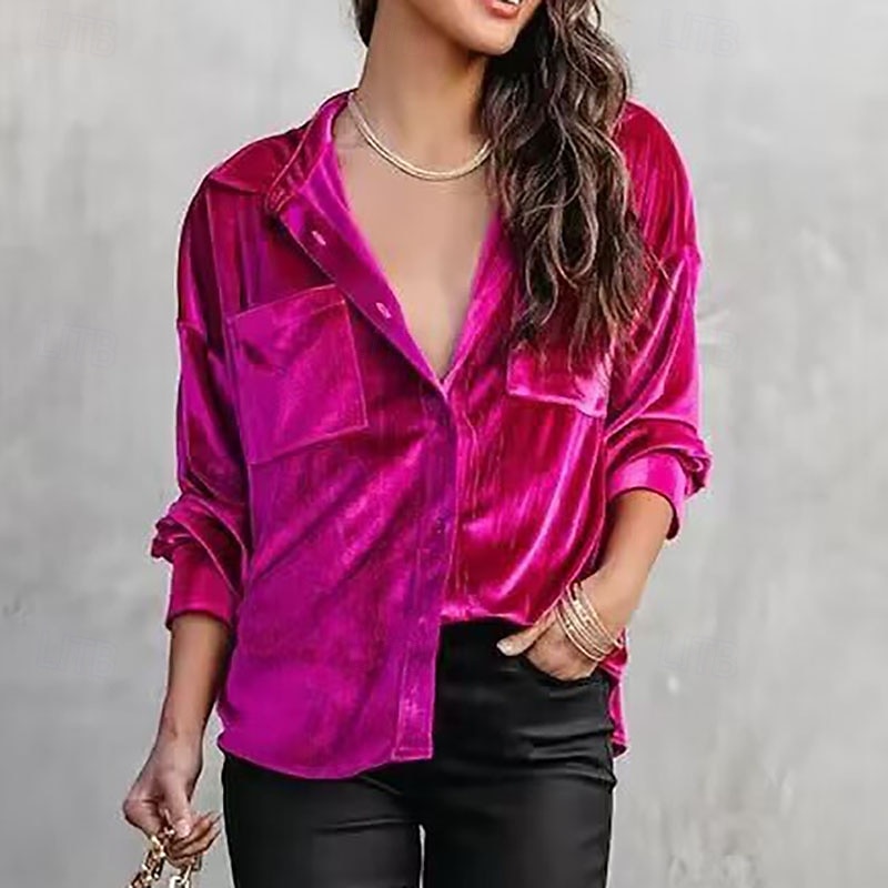 Women's Shirt Blouse Plain Stylish Long Sleeve Shirt Collar Regular Tops Daily Holiday Going out Ruched Pocket Buttons Purple Rose Pink Spring Fall