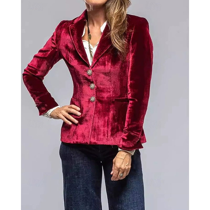 Women's Blazer Comfortable Pocket Buttons Elegant Fashion Outdoor Plain Going out Casual Daily Weekend Single Breasted Regular Lapel Regular Fit Long Sleeve Outerwear Black Burgundy Green Spring Fall