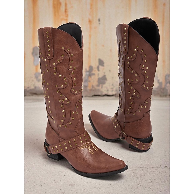 Women's Dark Brown Western Cowboy Boots – Studded Faux Leather Mid Calf Boots with Chunky Heel for Country Style and Concerts