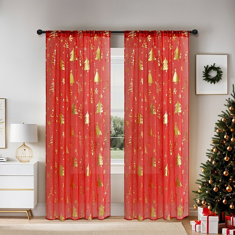 Single Strand Terylene Snowfall Christmas Rod Pocket Sheer Curtain, Holiday Window Drapes for Living Room and Bedroom