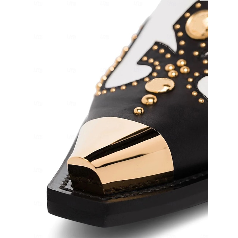 Women's Black Leather Western Ankle Boots with Gold Studs and Metal Toe - Cowboy Style Chunky Heel Boots for Fashion Streetwear and Parties3