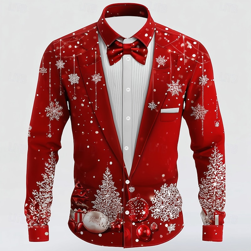 Christmas Men's Snowflake Christmas Costume Suit Tie Printed Tuxedo Shirt Button Up Shirt Long Sleeve Funny Outdoor Holiday Spring Fall Turndown 3D Print Collared Shirts Red 1 Red 3 Red Red 2