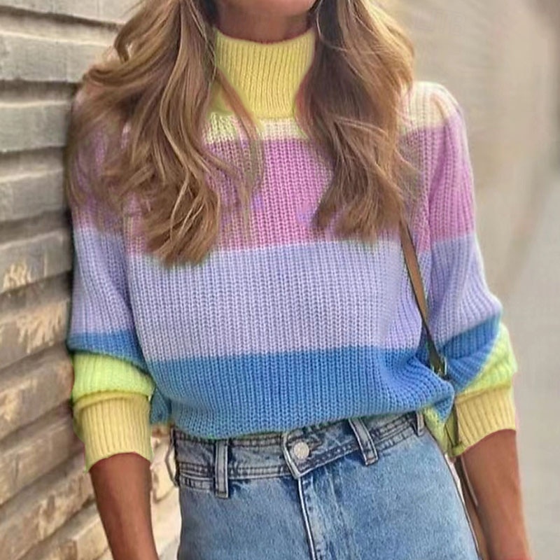 Women's Sweater Pullover Streetwear Casual Color Block Striped Turtleneck Stripe Knitted Long Sleeve Regular Tops Knit Daily Holiday Going out Yellow Pink Fall Winter4
