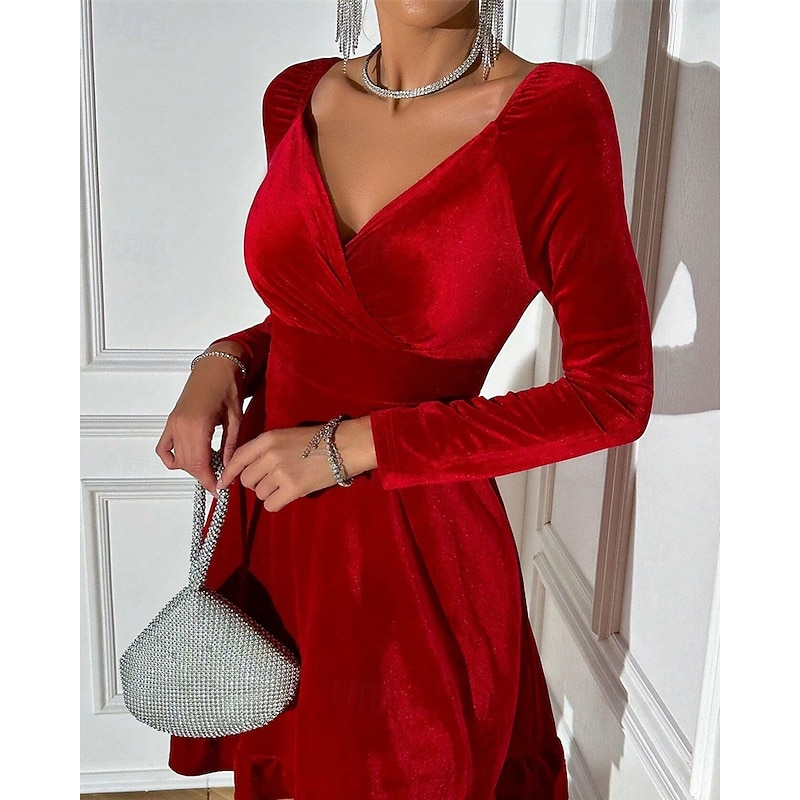 Women's Midi Dress Velvet Dress Cocktail Dress Elegant Fashion Modern Outdoor Party Party Evening Wear Regular Fit Plain Long Sleeve V Neck Red Spring Autumn3
